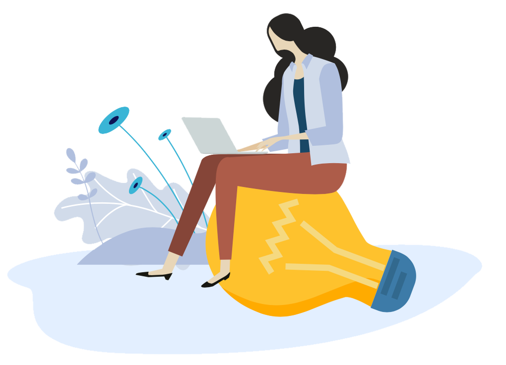 Graphic o a women sitting on a lightbulb while typing on a computer
