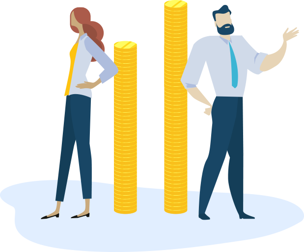 Illustration of man and woman besides a pile of coins